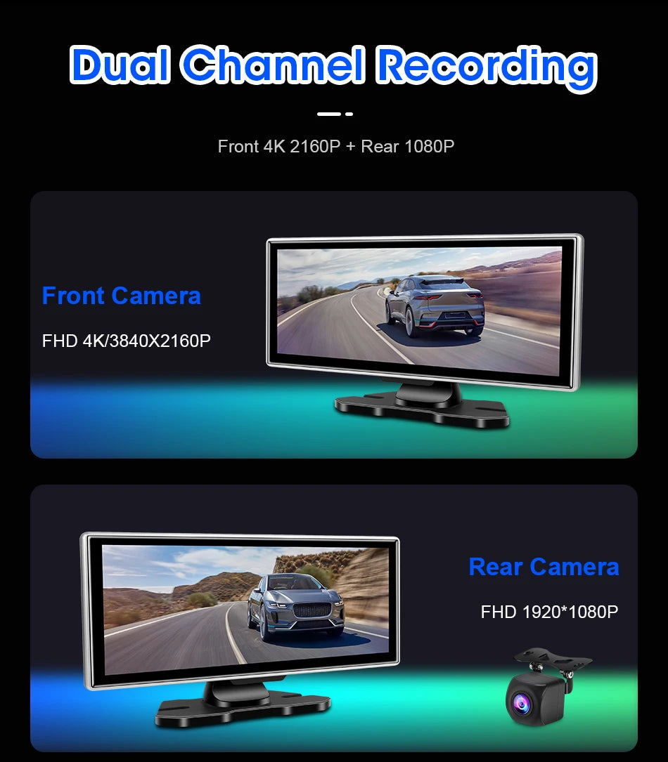 10/11.26 inch Dash Cam 4K Car DVR Wireless Carplay & Android Auto GPS Navigation Video Recorder Dashboard Dual Lens