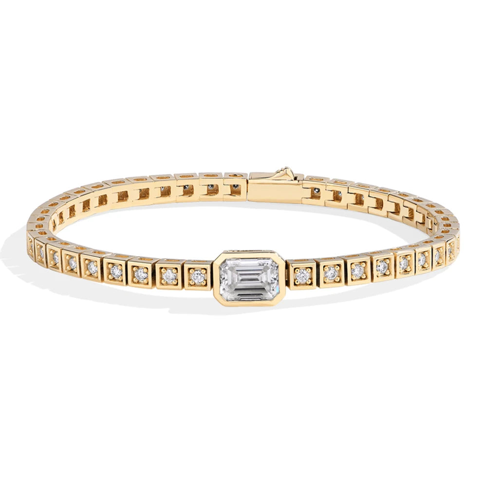 Emerald Cut Moissanite Tennis Bracelet - S925 Silver / Yellow Gold Plated / 15cm - Bracelets