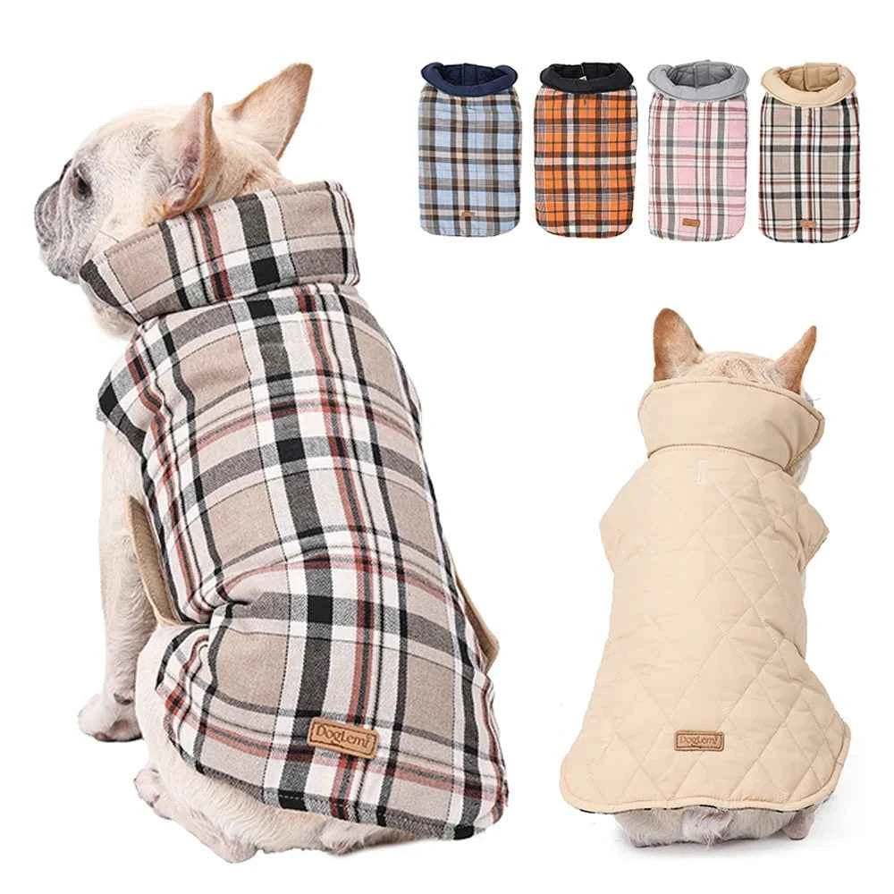 Reversible Waterproof Dog Jacket – Checked Pattern Soft Warm Coat with Flexible Chest for Small to Large Dogs