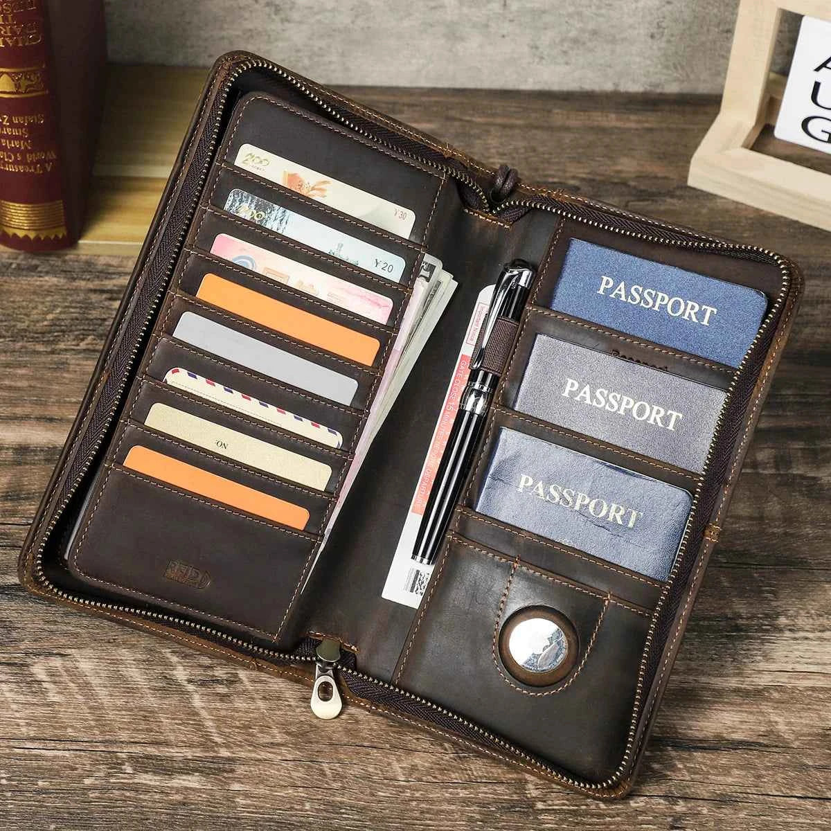 Genuine Leather Family Passport Clutch Wallet with Card Holder & Phone Pocket