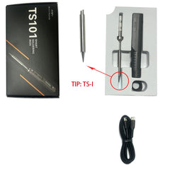 Smart soldering iron with packaging, cable, and user manual on a white background
