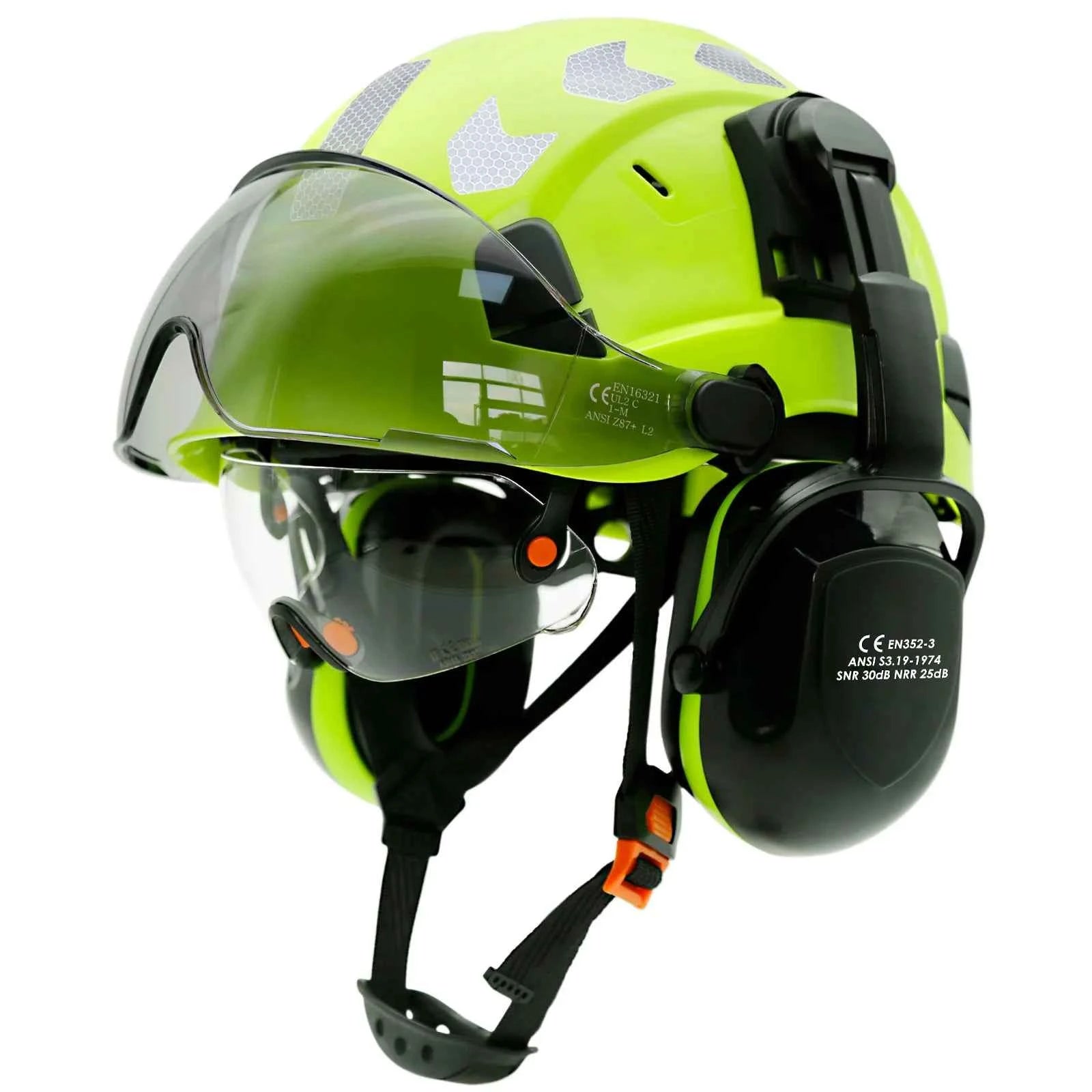 Vented construction safety helmet with double visors and earmuffs – image 1