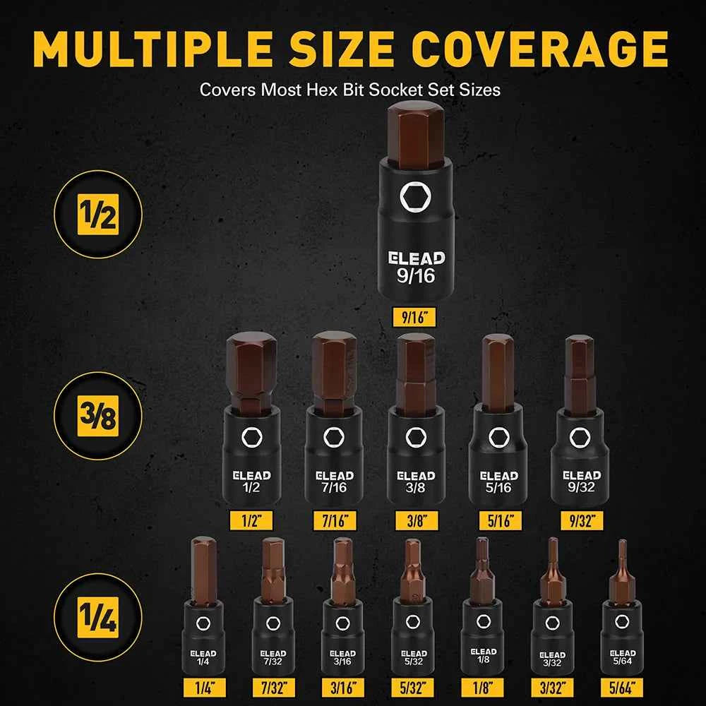 16 Piece SAE Hex Bit Impact Socket Set - Premium S2 Steel 5/64"-9/16" Allen Socket Set with Socket Adapters
