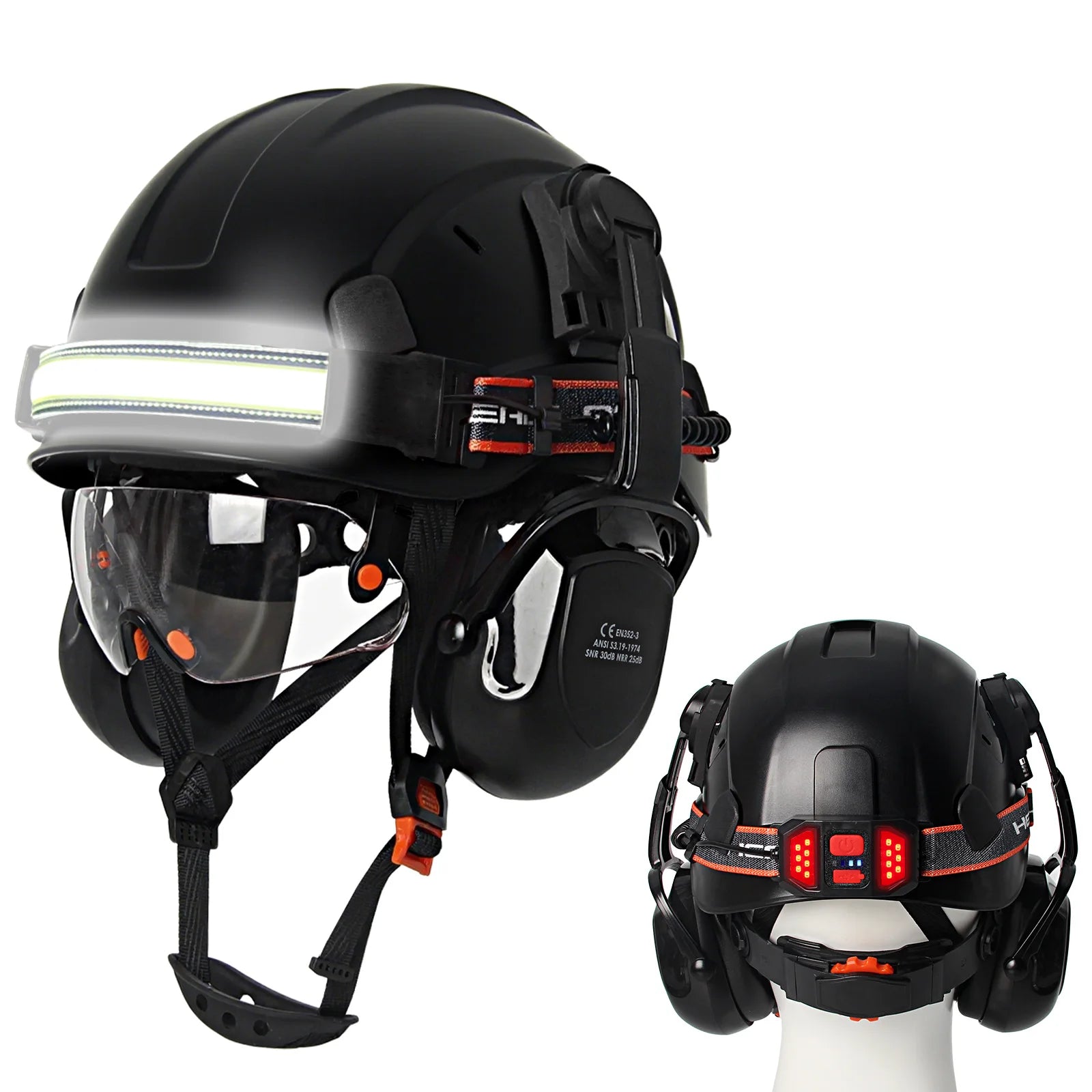 Construction safety helmet with built-in goggles, LED headlamp and earmuffs – image 8