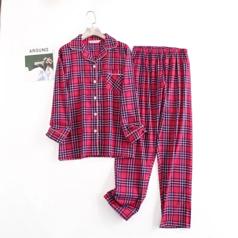 Women's Cotton Flannel Pajama Set | Plaid Long Sleeve Long Pants Loose Autumn Winter Sleepwear