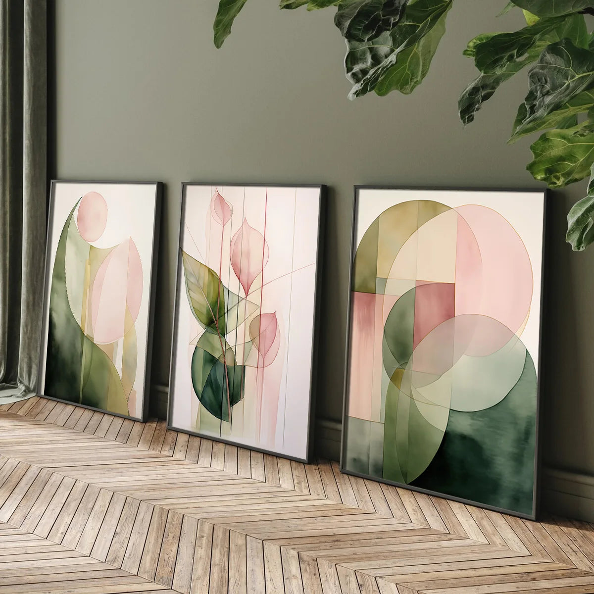 3 Pcs Green & Pink Abstract Plant Wall Art by Snagg A Print