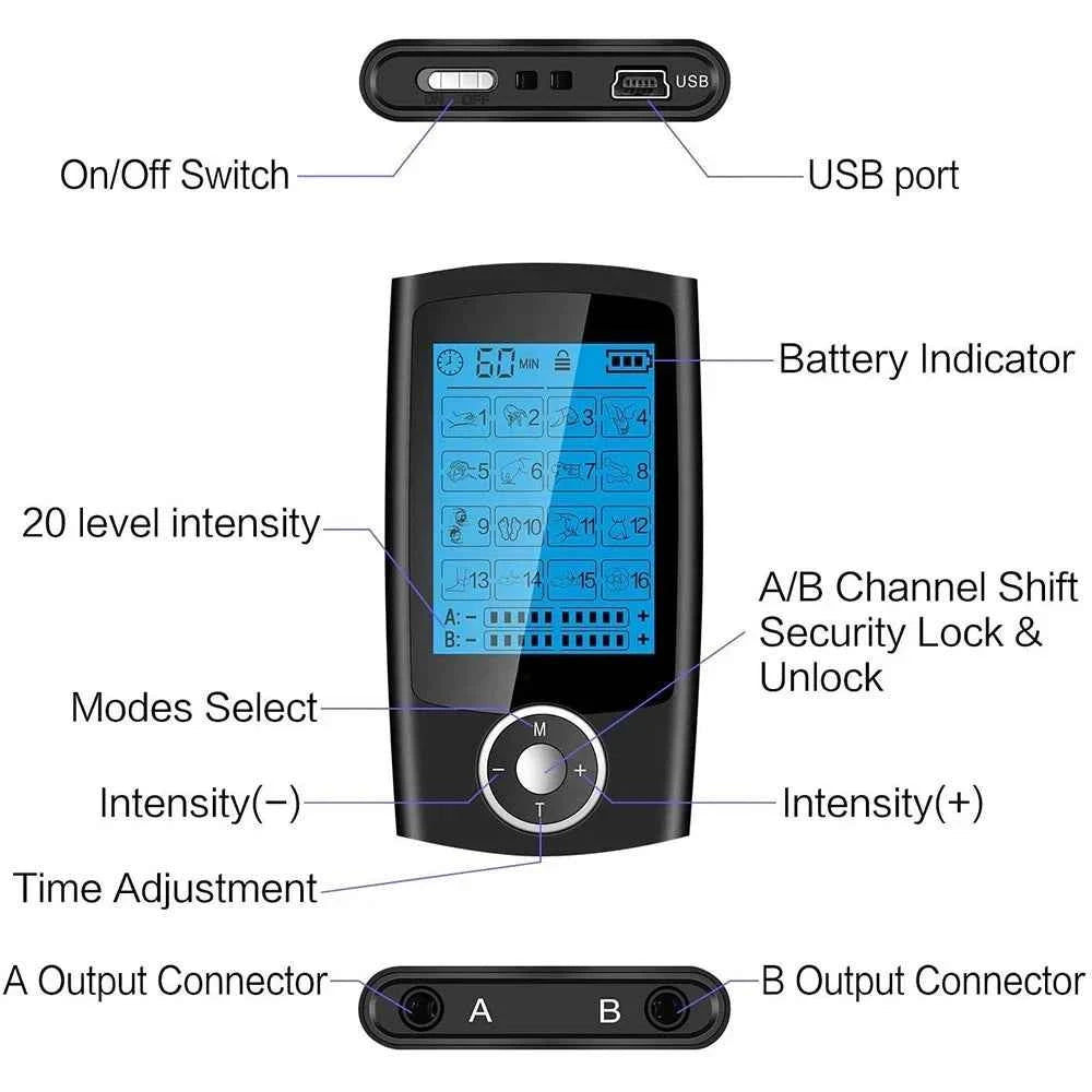 16 Mode TENS & EMS Muscle Stimulator – Portable Dual Channel Therapy Device
