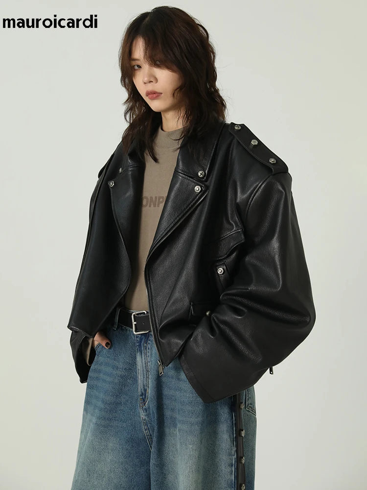 Oversized Black PU Leather Biker Jacket by Snagg A Jacket