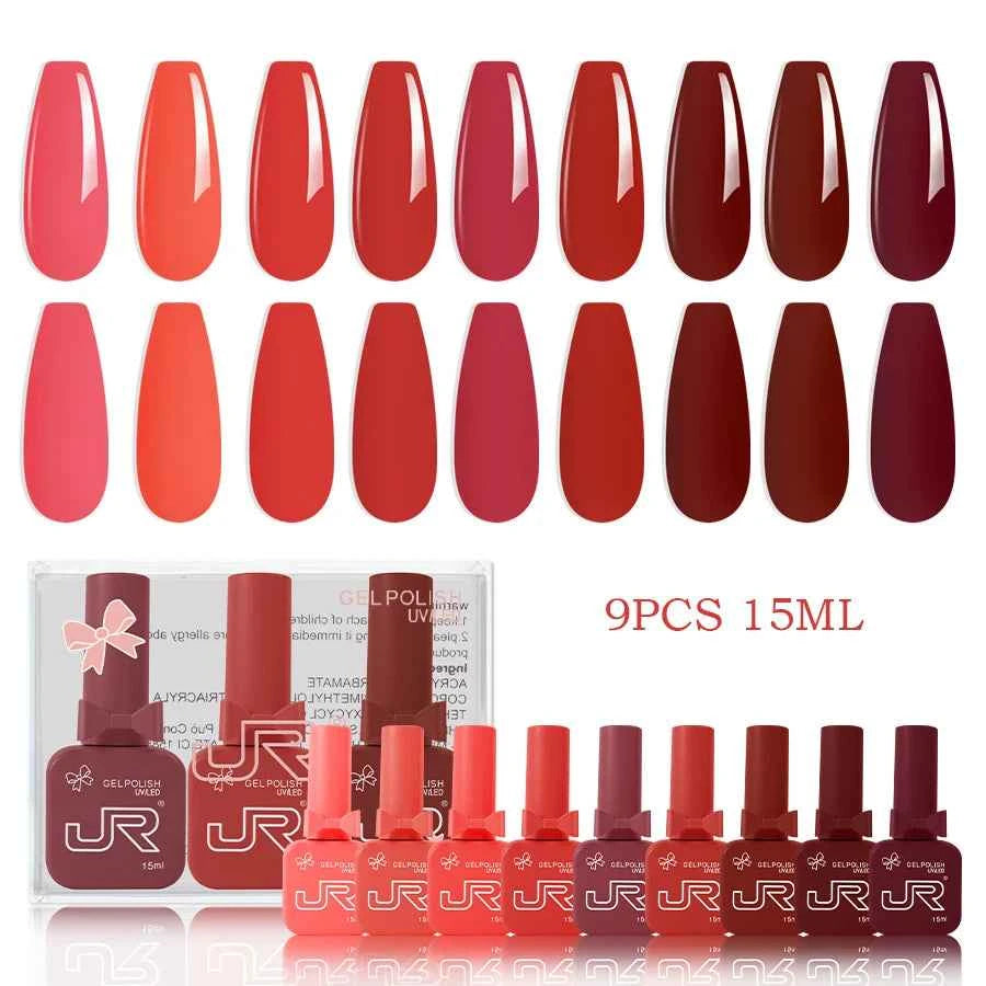 9pcs 15ml gel nail polish set Including Red Pink Nude - 10 Variants