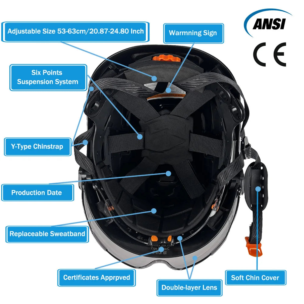 Vented construction safety helmet with twin visors, earmuffs and reflective stickers – image 6