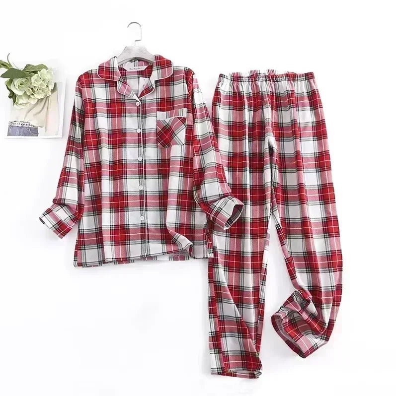 Women's Cotton Flannel Pajama Set | Plaid Long Sleeve Long Pants Loose Autumn Winter Sleepwear