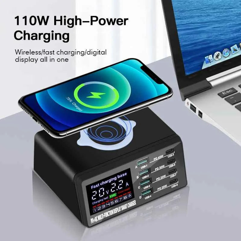 110W 8-Port USB Charging Station | 15W Wireless + PD 45W QC3.0 USB-C Fast Charger iPhone MacBook Samsung