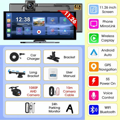 11.26" 4K Car DVR – Portable Dash Cam with Wireless CarPlay, Android Auto & 5G WiFi Navigation by Snagg A Car DVR
