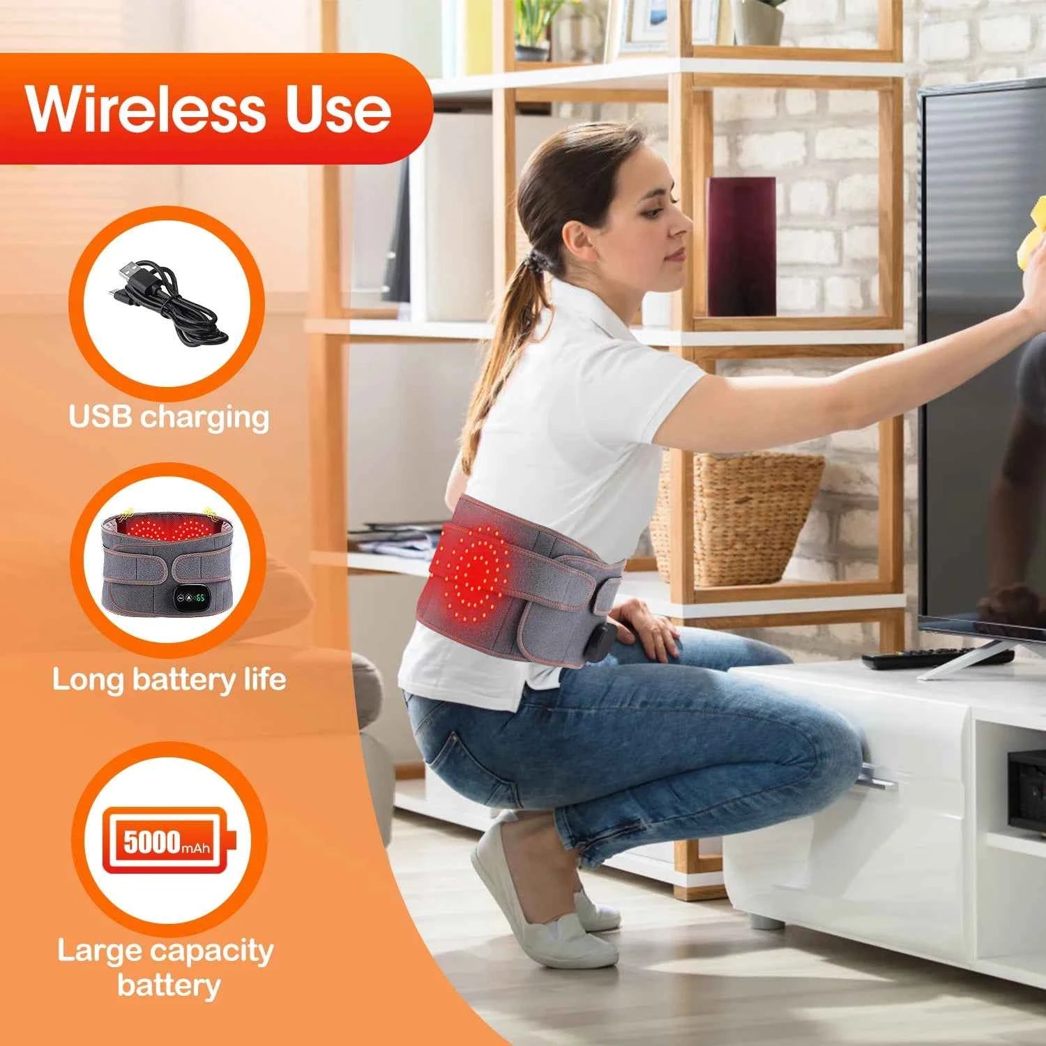 Cordless Waist Belt Massager – Heated Vibration Lumbar Support & Back Relief Brace