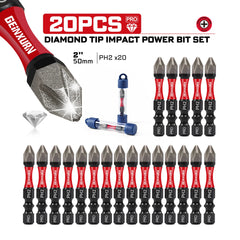 Diamond Coated PH2 Impact Screwdriver Bit Set – 2" Magnetic S2 Steel Insert Bits with Tubes for High-Torque Applications