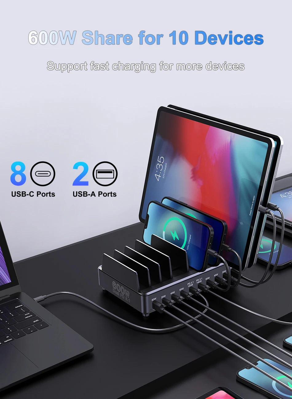 600W GaN 10-Port PD3.1 Charging Station Stand | Multi USB Fast Charger MacBook iPhone iPad Samsung Laptop
