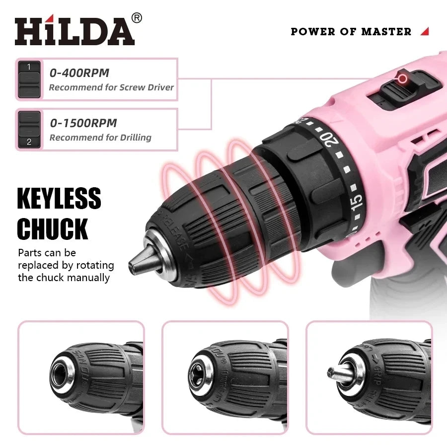 12V Pink Cordless Drill Set