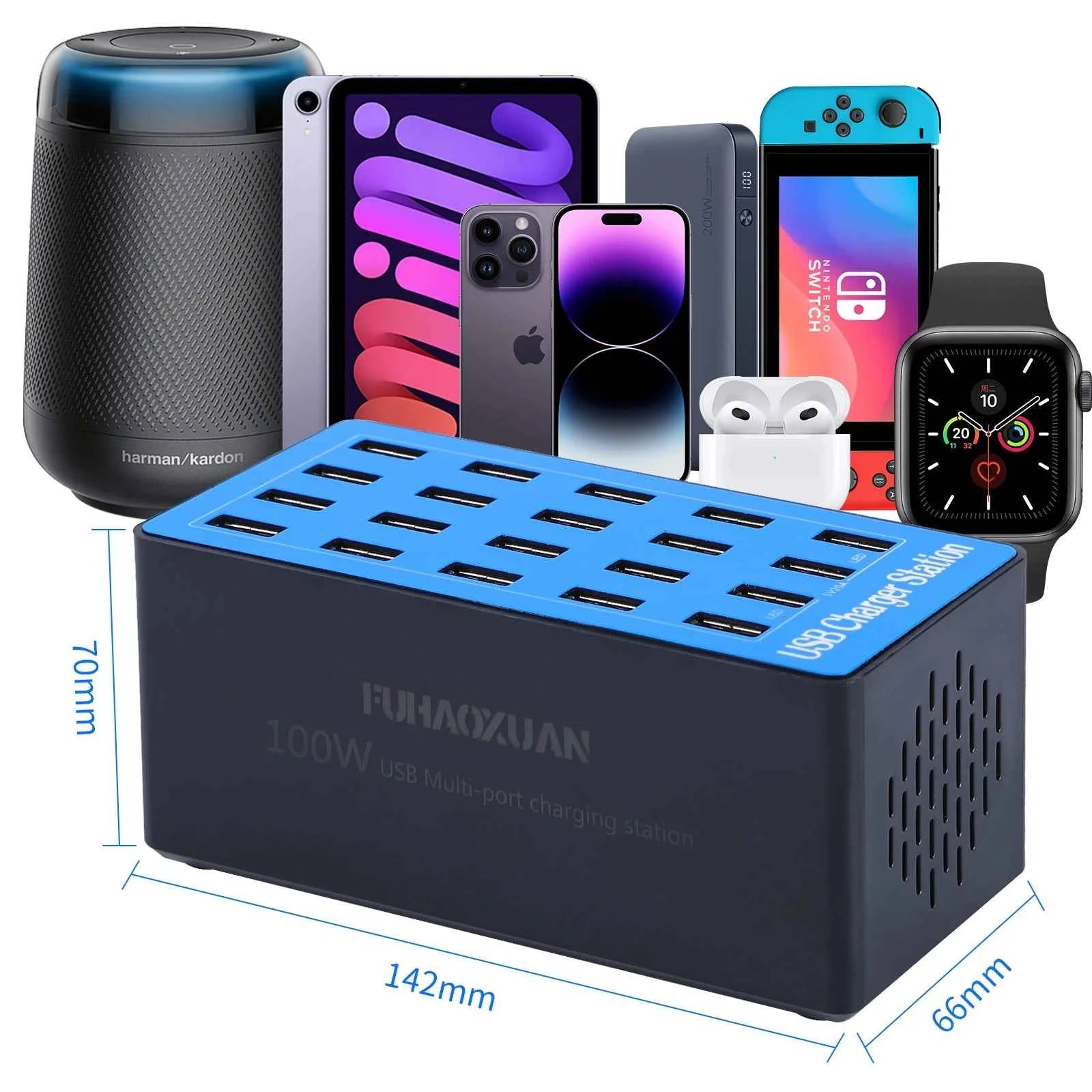 100W GaN 20-Port USB-C Multi-Device Charging Station | Phone Watch Tablet Pad A5+