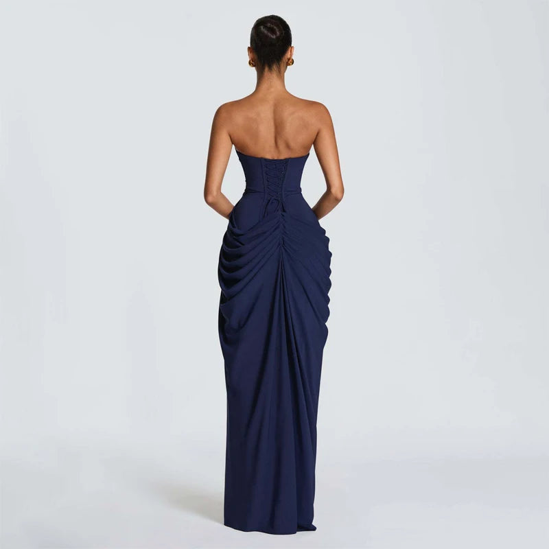 Strapless Pleated Long Gown – Women's Waist-Cinching Split Evening Party Dress