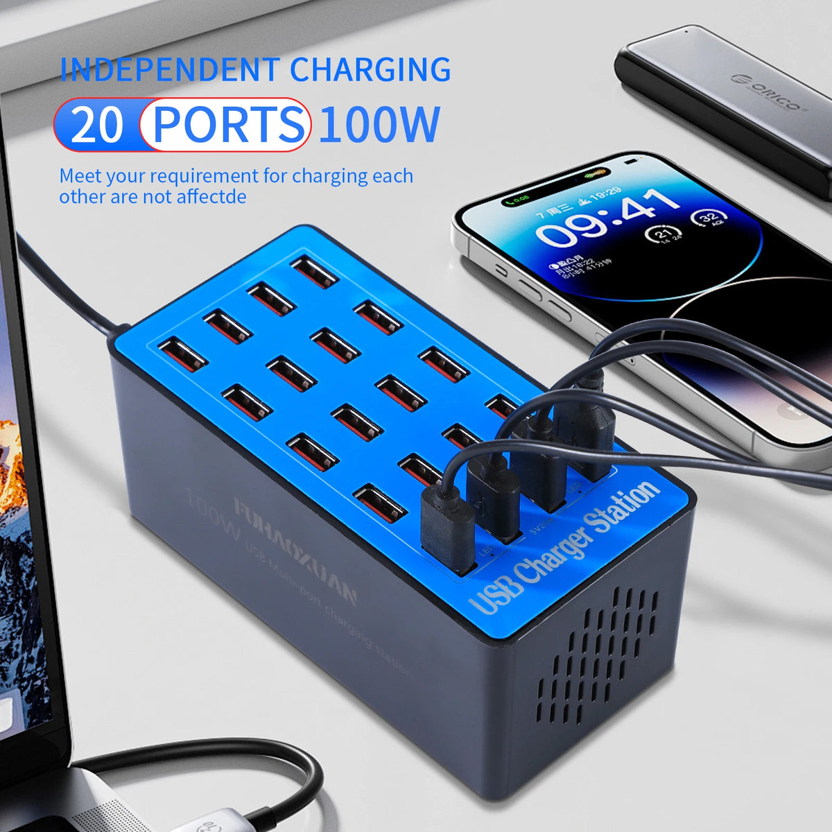 100W GaN 20-Port USB-C Multi-Device Charging Station | Phone Watch Tablet Pad A5+