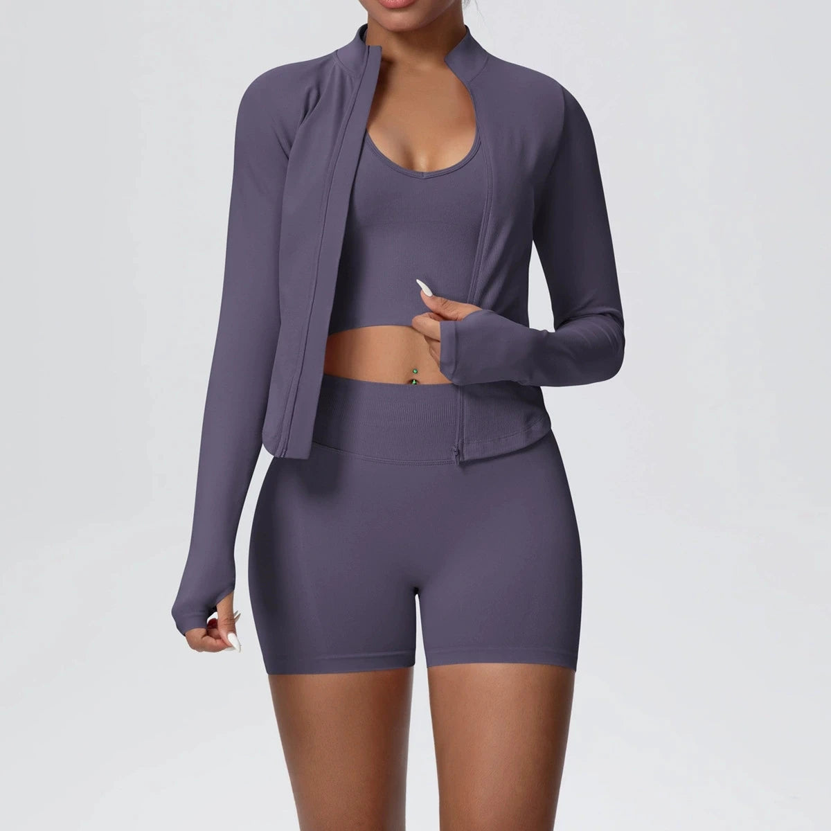 Women's 3-Piece Seamless Yoga Suit | Shockproof Bra Crop Top & Long Sleeve Gym Legging Set