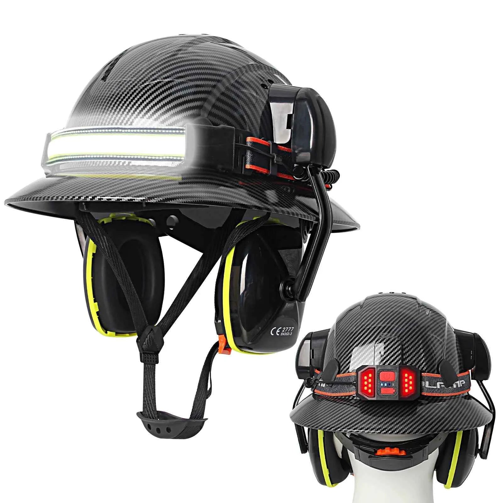 Full brim construction safety helmet with earmuffs and head lamp – image 1