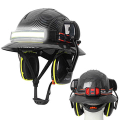 Full brim construction safety helmet with earmuffs and head lamp – image 1