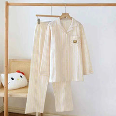 Women's Striped Cotton Pajama Set | Long Sleeve Long Pants 100% Cotton Thin Spring Summer Sleepwear