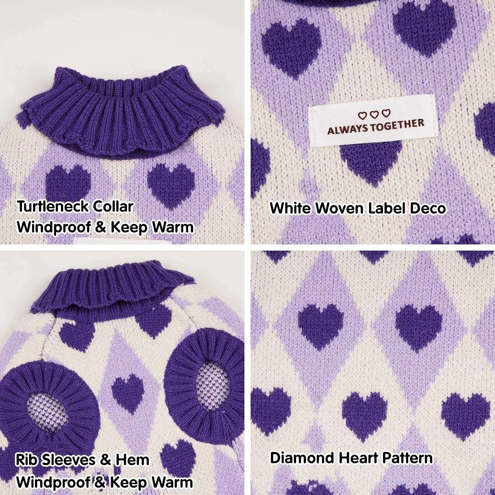 Knitted Turtleneck Dog Sweater – Diamond Heart Pattern Winter Jumper for Small Dogs & Puppies