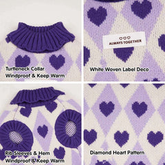 Knitted Turtleneck Dog Sweater – Diamond Heart Pattern Winter Jumper for Small Dogs & Puppies