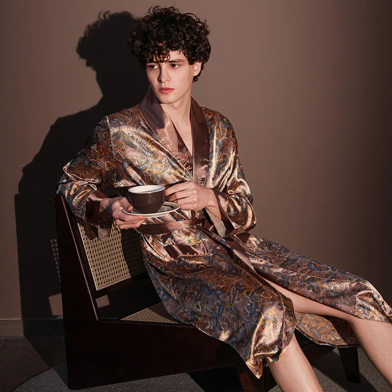 Men's Ice Silk Printed Bathrobe | Thin Summer Nightrobe Large Size Loungewear
