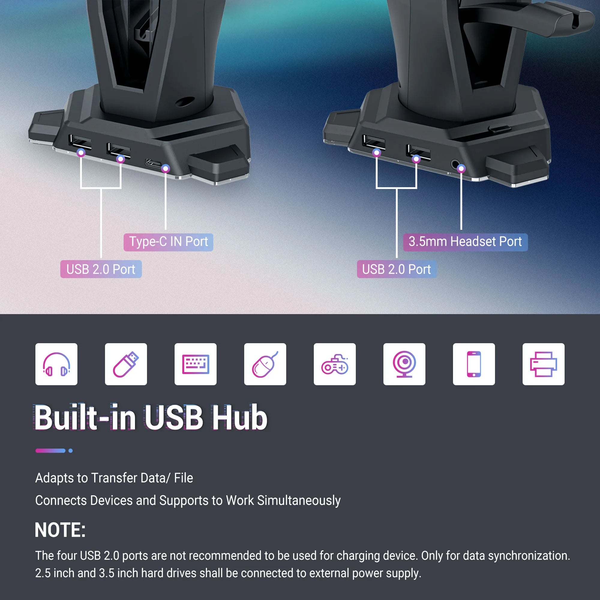 RGB Desktop Headphone Stand Detachable Mouse Cable Hook & Wire Organizer by Snagg A Headset Holder