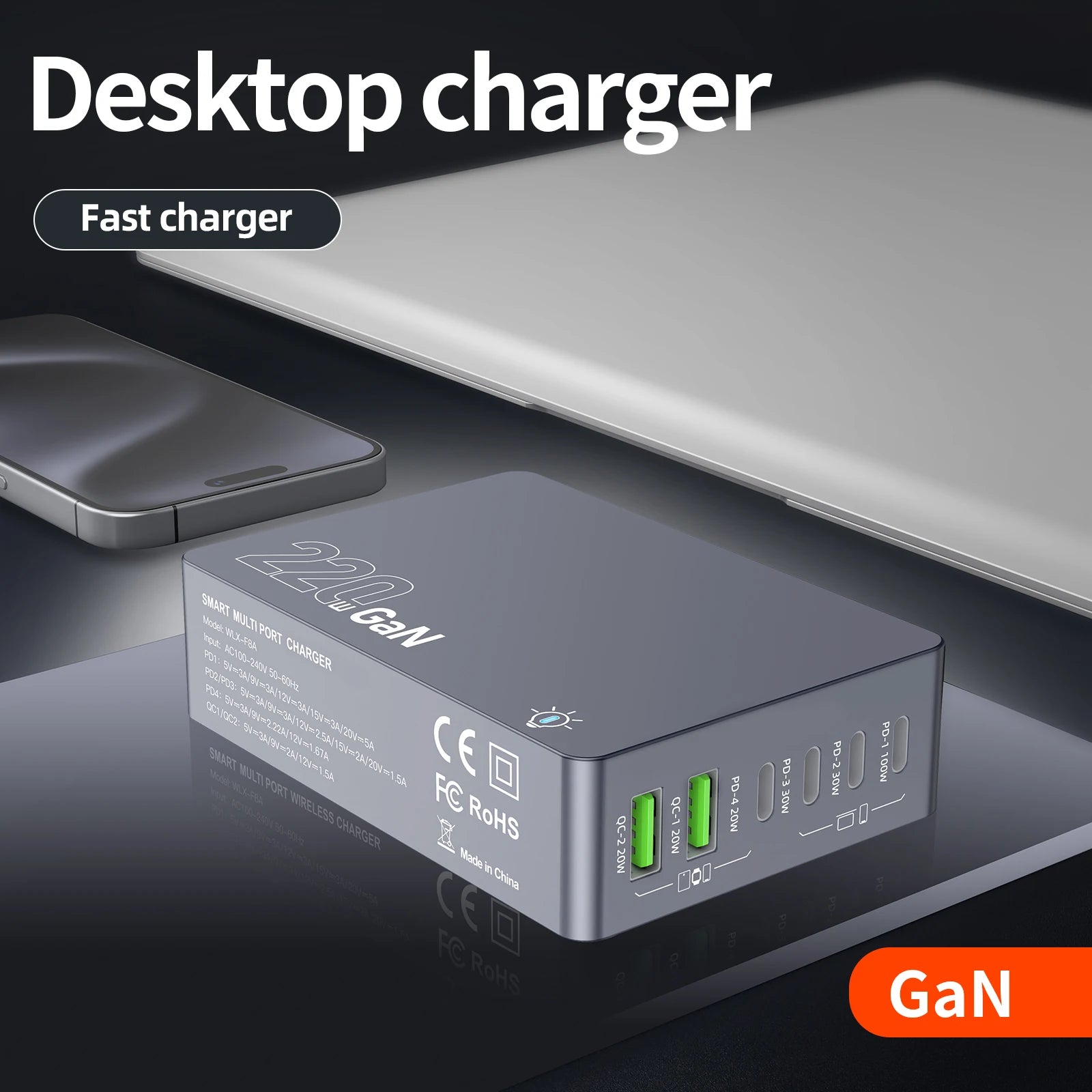 220W GaN 6-Port USB-C Charging Station | PD 100W Fast Charger for PC Laptop iPhone Samsung