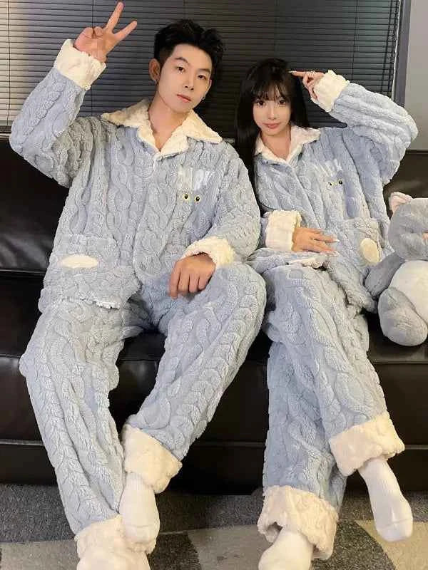 Men's Coral Fleece Pajama Set | Thickened Flannel Double-Breasted Long Sleeve Couple Sleepwear