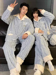 Men's Coral Fleece Pajama Set | Thickened Flannel Double-Breasted Long Sleeve Couple Sleepwear