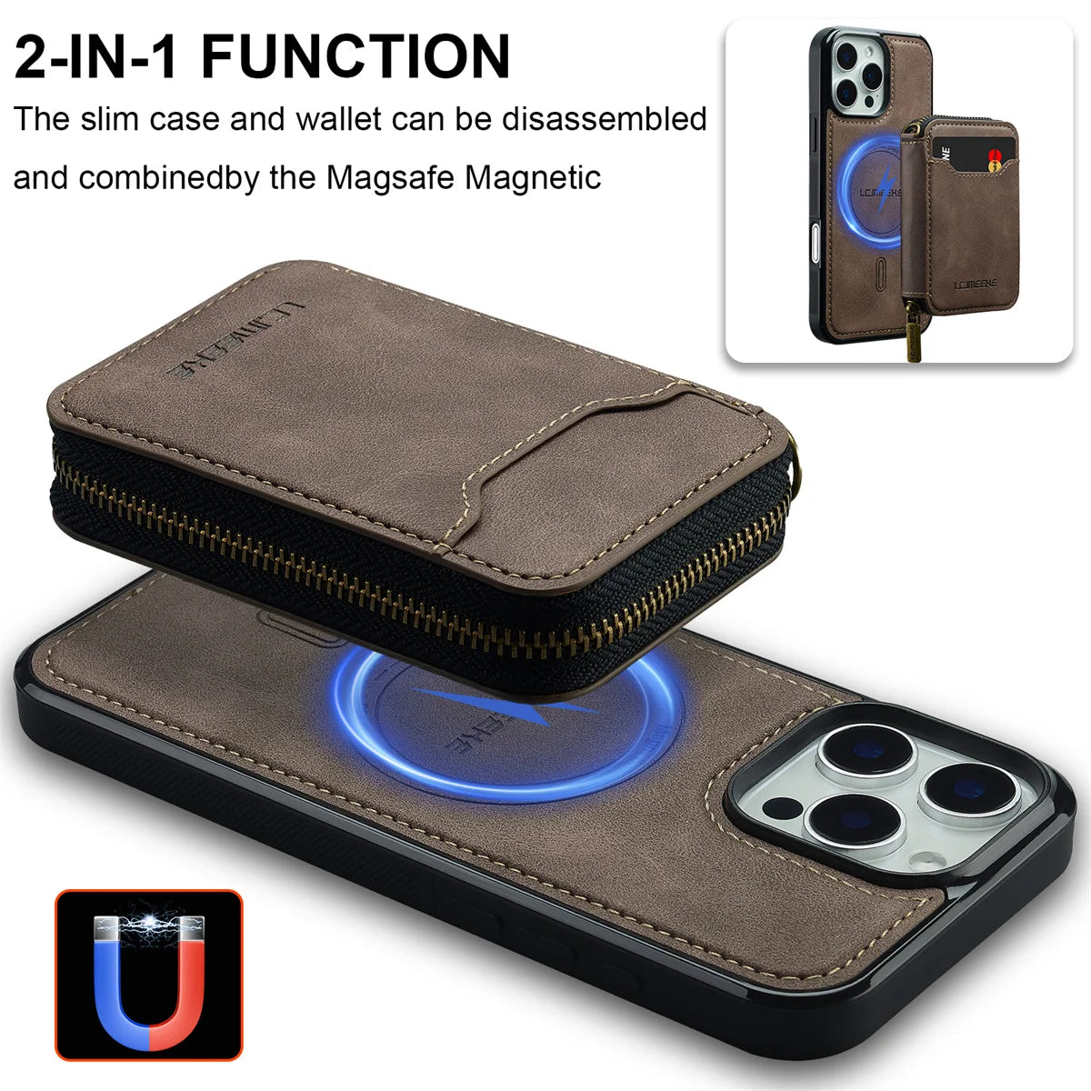 2 in 1 MagSafe Magnetic Leather Wallet & Card Holder Case - for iPhone 15 Series - Phone Cases Covers