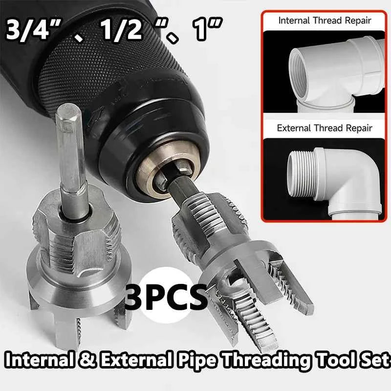 Integrated Internal & External Pipe Threader Kit | Heavy Duty 1/2", 3/4" & 1" Drill-Compatible Threading Tool