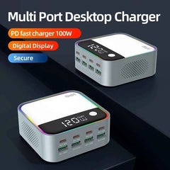 GaN USB-C 8-Port Desktop Charger | Ambient LED Lighting 100W PD PPS Fast Charger Laptop iPhone Samsung
