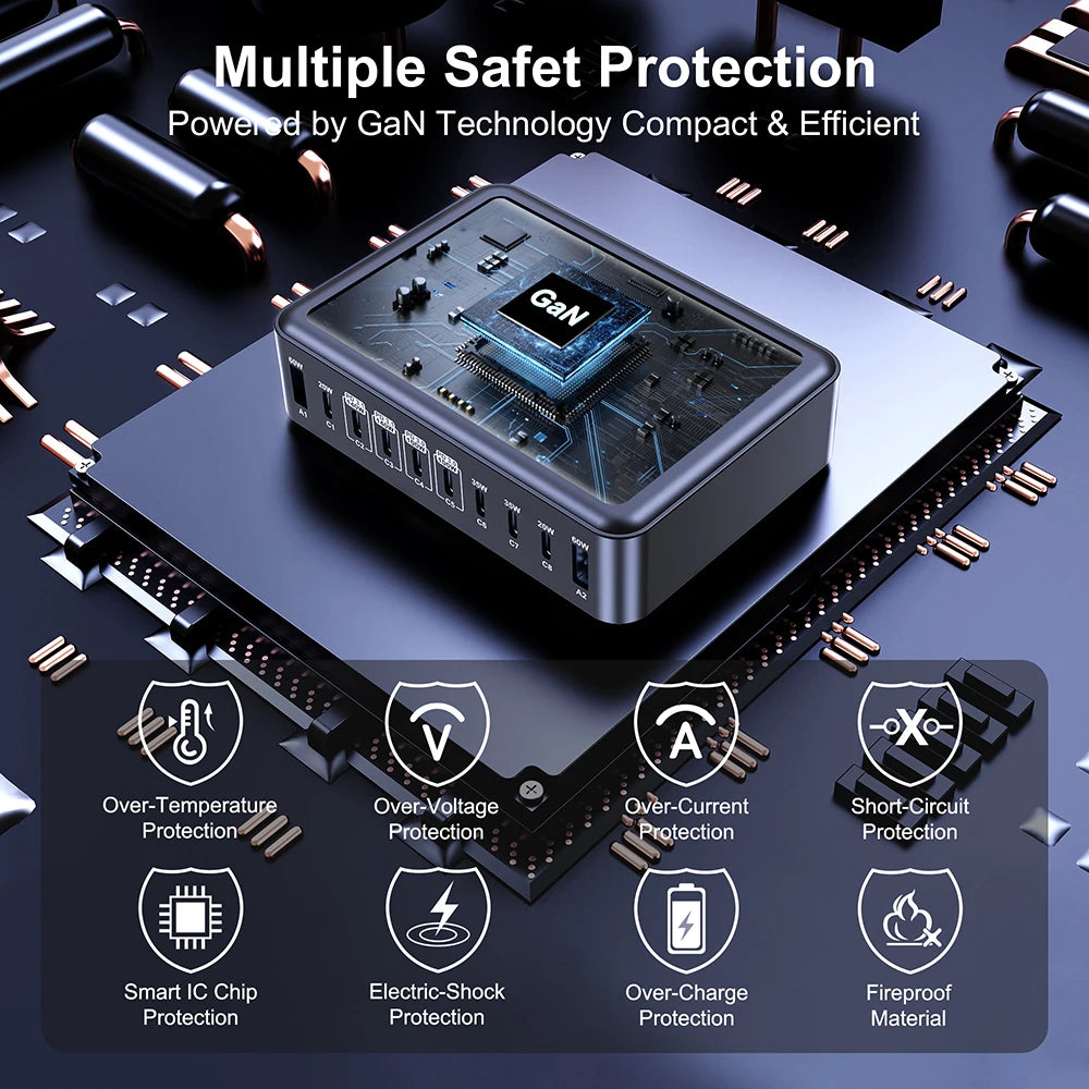 710W GaN 10-Port USB-C Charging Station | PD3.1 140W Fast Charger for MacBook iPhone Samsung