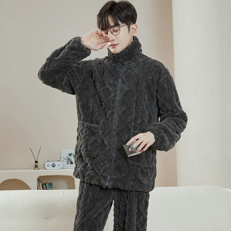 Men's Coral Fleece Pajama Set | Thickened Flocking Long Sleeve Winter Warm Couple Loungewear