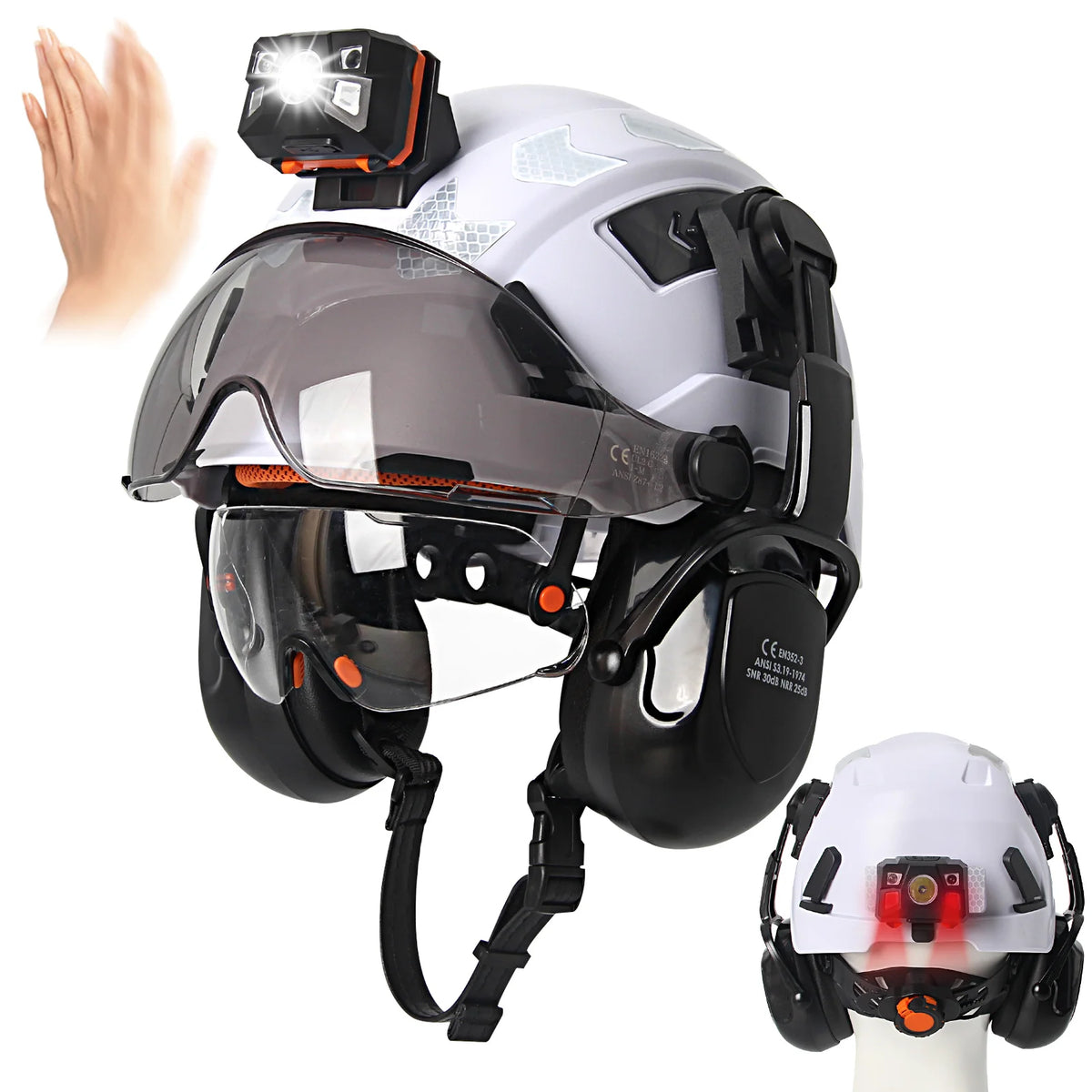 Construction safety helmet with earmuffs and head lamp – image 10