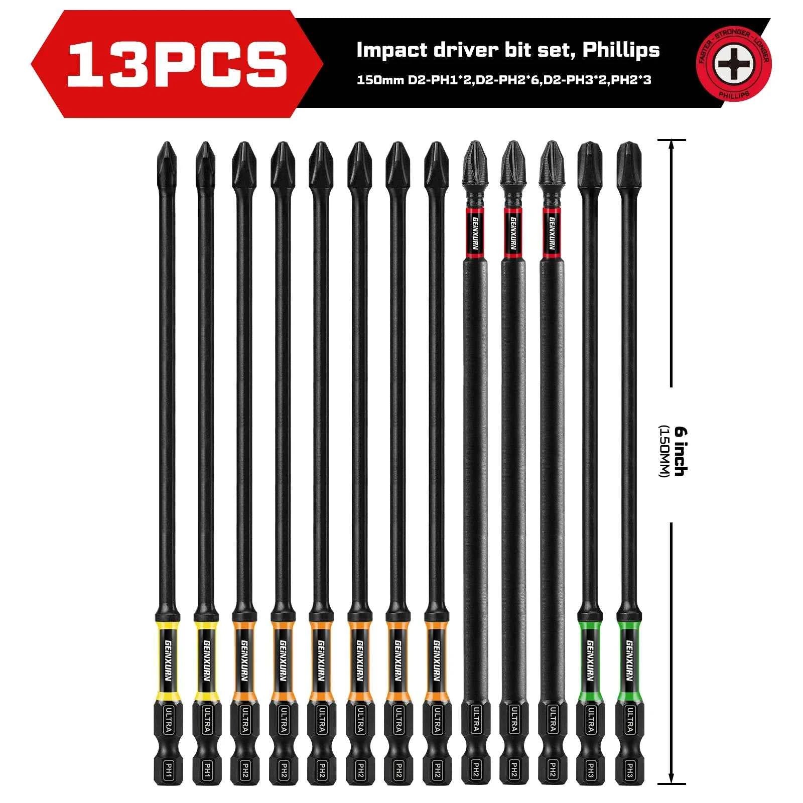 13 Pcs Professional Impact Phillips Screwdriver Bit Set | 6 Inch Extra Long S2 Steel Bits with Color Coded Organizer