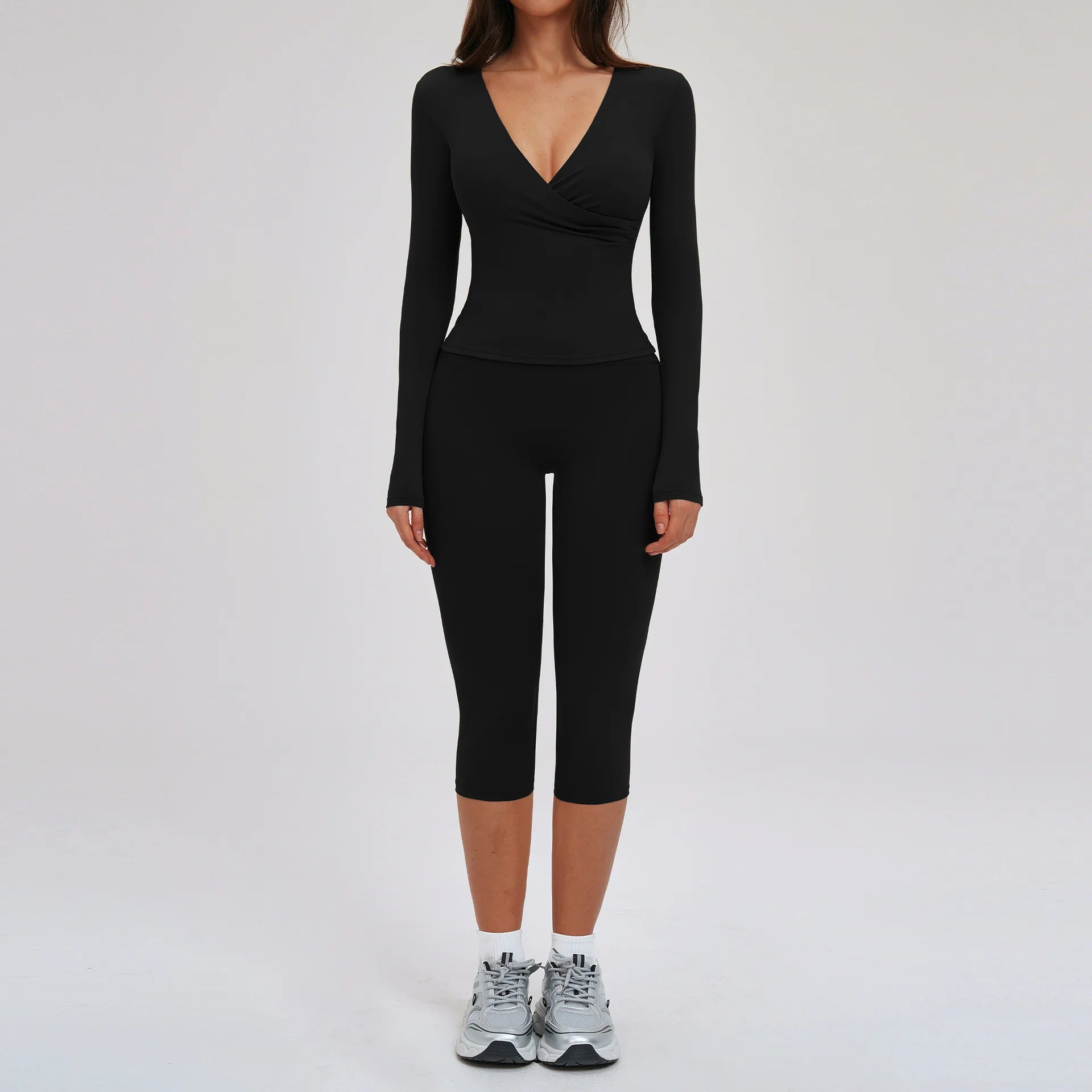 Women's 2-Piece Deep V Yoga Set | High Waist Flared Pants & Sports Bra Gym Fitness Tracksuit