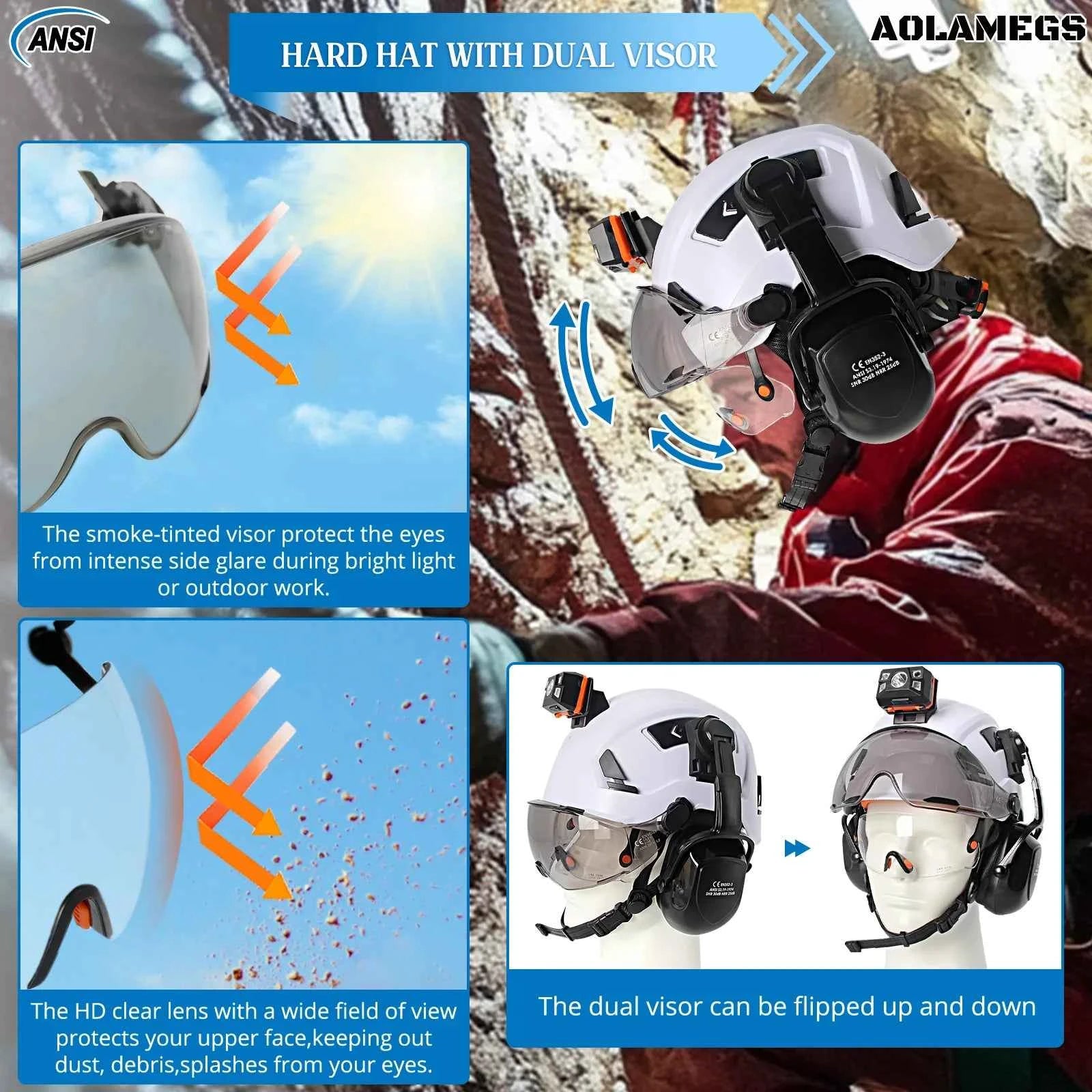 Construction safety helmet with head lamp and mounted earmuffs – image 4