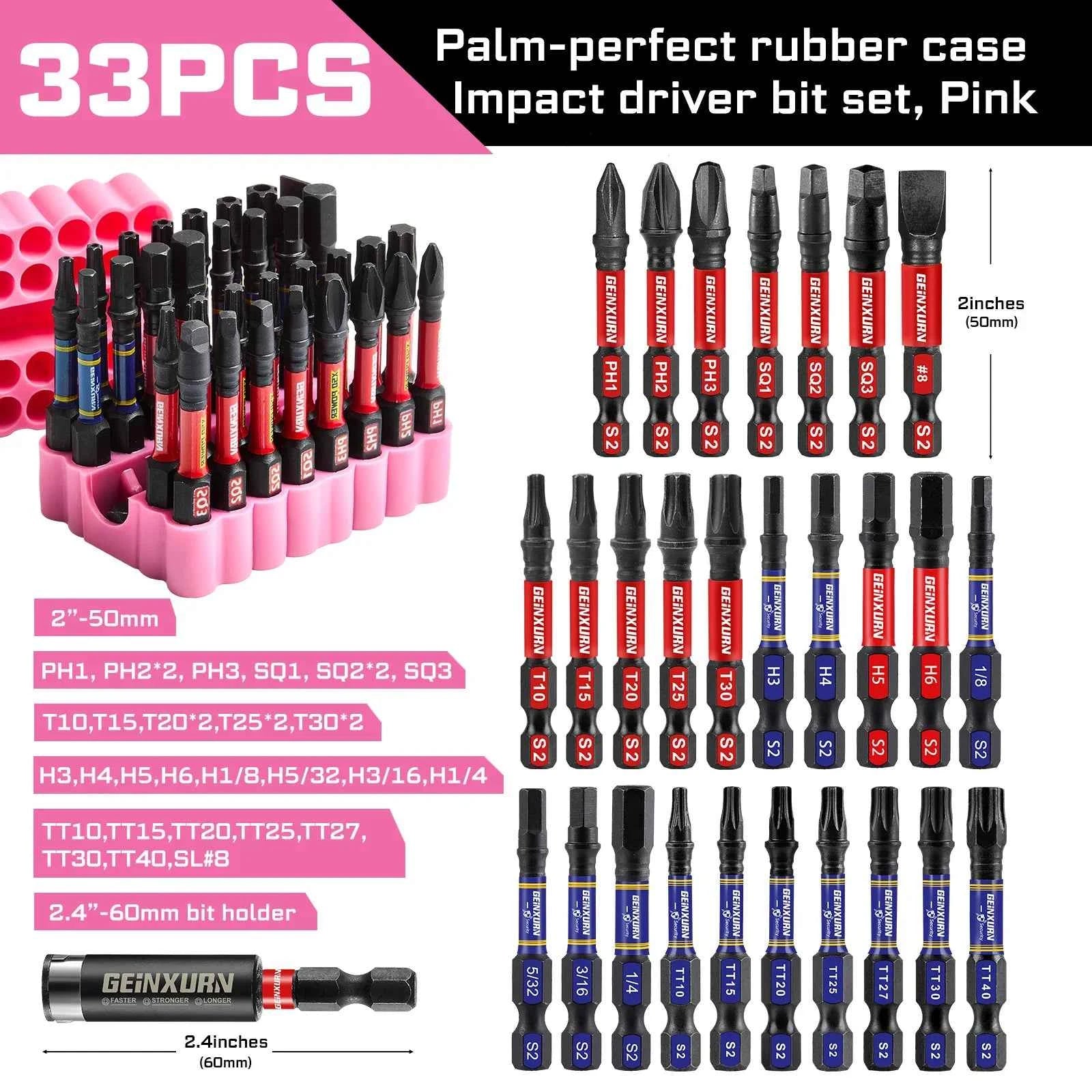 33PCS Impact Screwdriver Bits Set, 2” Magnetic （PH/SQ/Torx/Hex/Slotted) S2 Steel Bits with Bit Holder & Soft Base