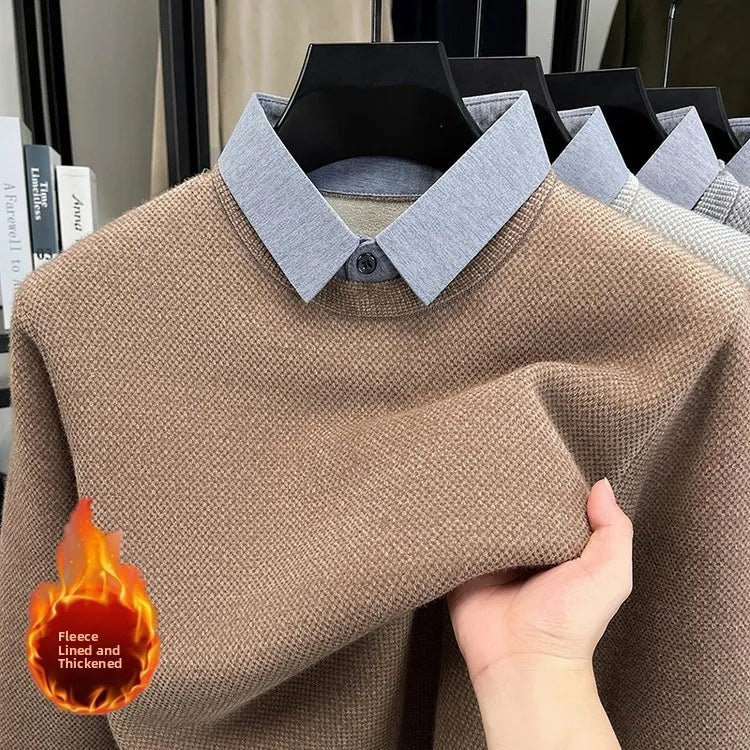 Men’s "Fake Two-Piece" Thermal Pullover | Winter Thickened Fleece-Lined Top