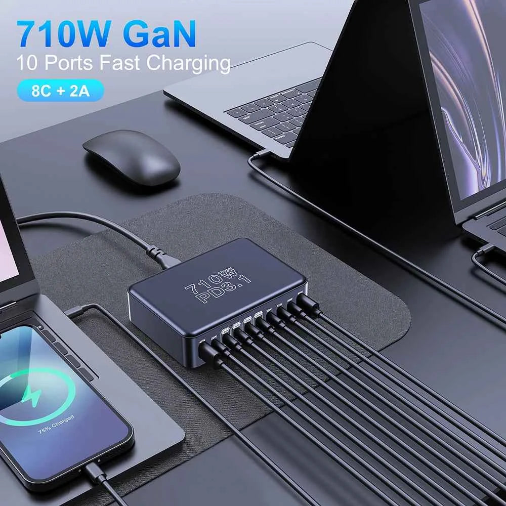 710W GaN 10-Port USB-C Charging Station | PD3.1 140W Fast Charger for MacBook iPhone Samsung