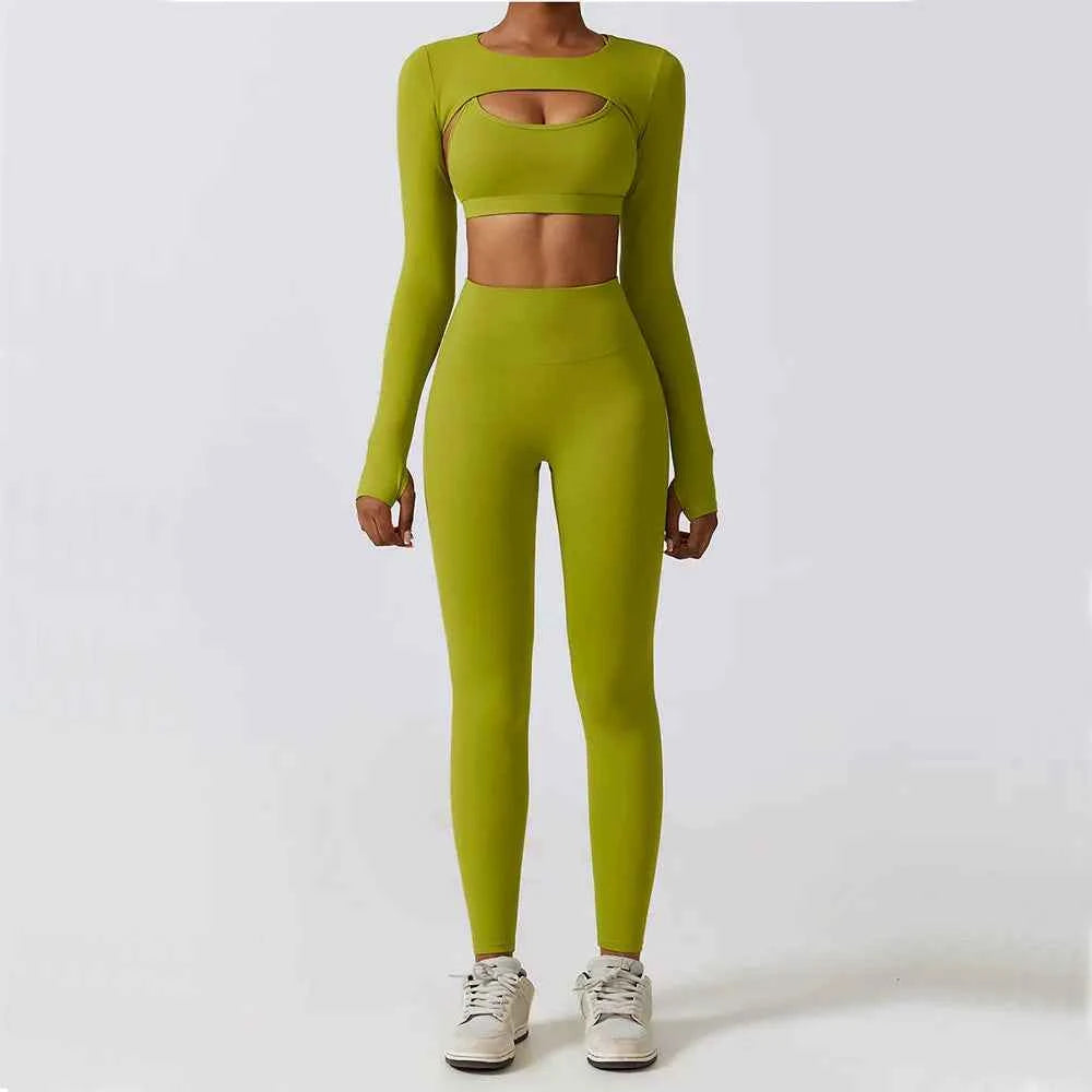 Women's 2/3-Piece Yoga Suit | Fitness Bra Crop Top Long Sleeve Gym Legging Athletic Sportswear