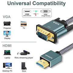 HDMI to VGA Cable – Aluminium Alloy Shell, Nylon Braided, Gold-Plated for Computers, Laptops & Projectors