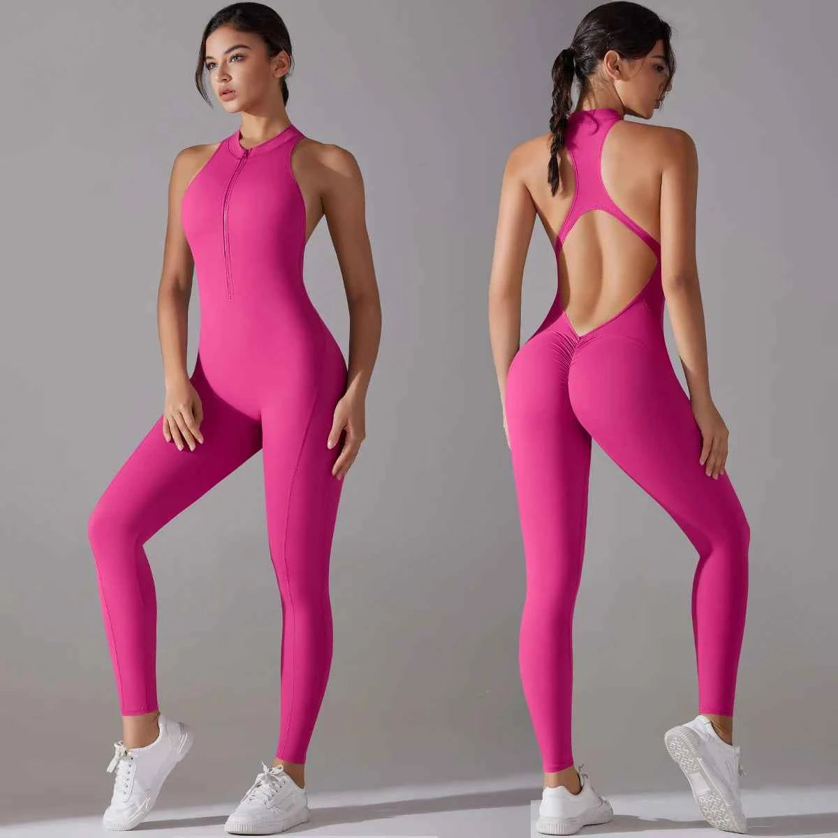 Women's Backless Scrunch Butt Yoga Jumpsuit | Sleeveless Zip One-Piece Gym Sport Fitness Overalls